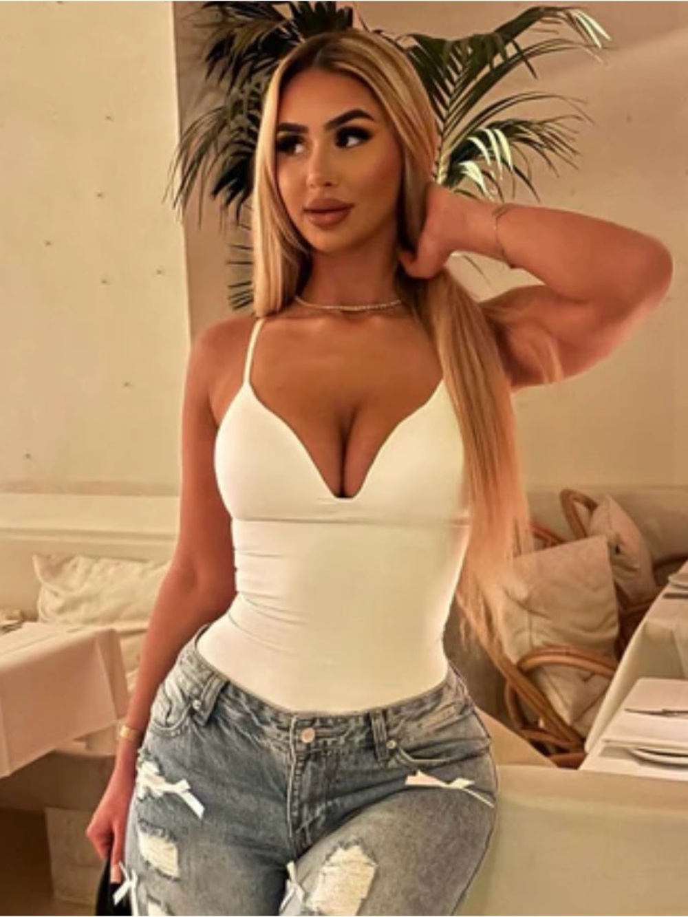 Fashion Nova White V-Neck Spaghetti Strap Bodysuit
